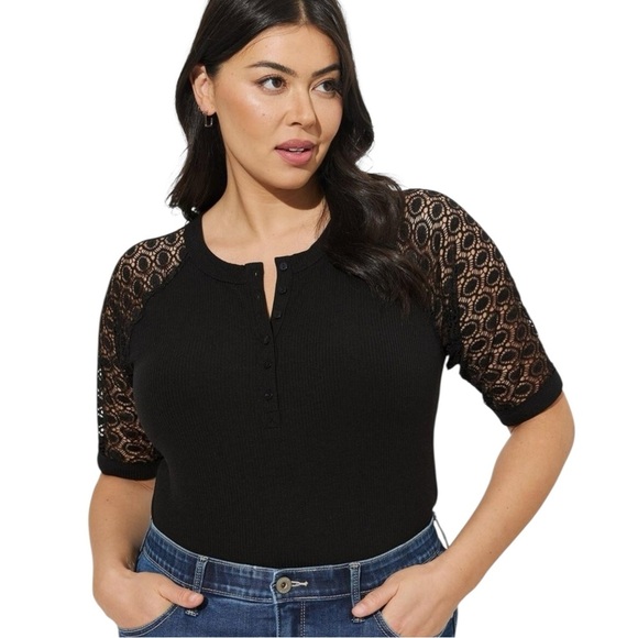 Black Ribbed Lace Raglan Tee Plus Size 5X (28) Super Soft Whimsigoth Henley Top - Picture 1 of 10